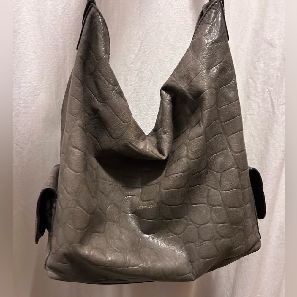 Dimoni Gray Leather Reptile Print Hobo Bucket shoulder bag with canvas strap